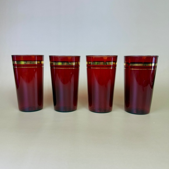 Vintage Ruby Red Glass Tumblers with Gold Design – Set of 4 - Picture 3 of 16